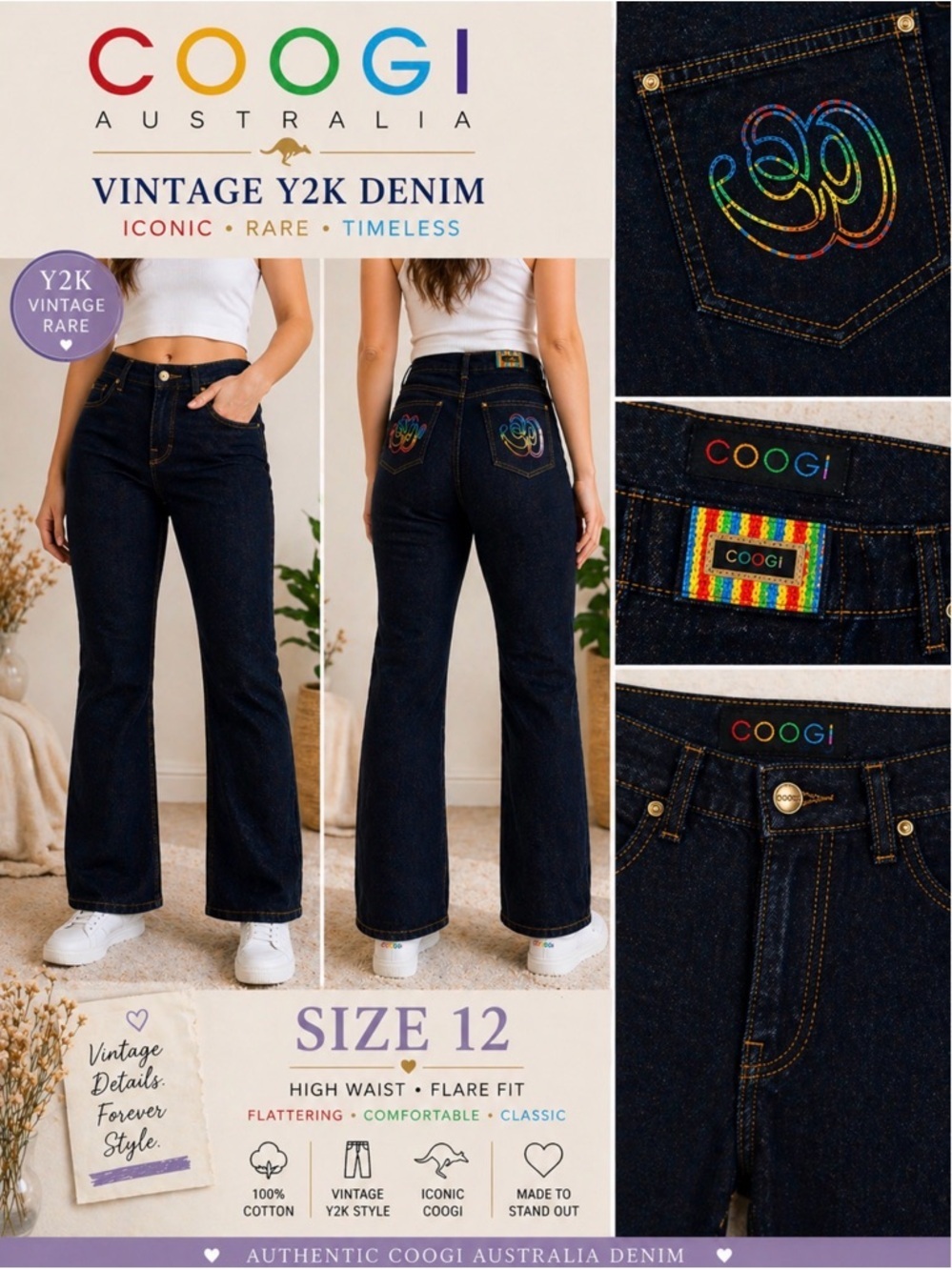 COOGI Australia Y2K Dark Wash Jeans Rainbow Embroidered Straight Leg 12